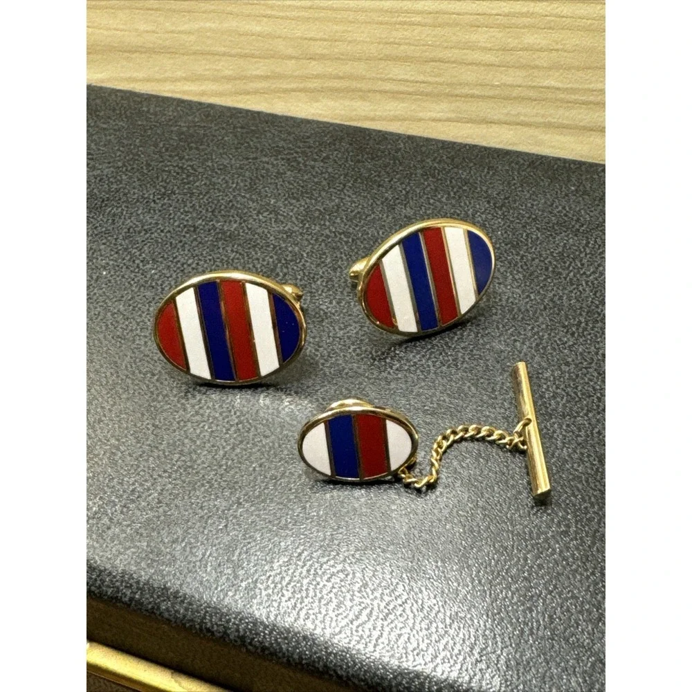 Vintage Red White And Blue Striped Oval Cufflinks and Matching Tie Tac Unmarked